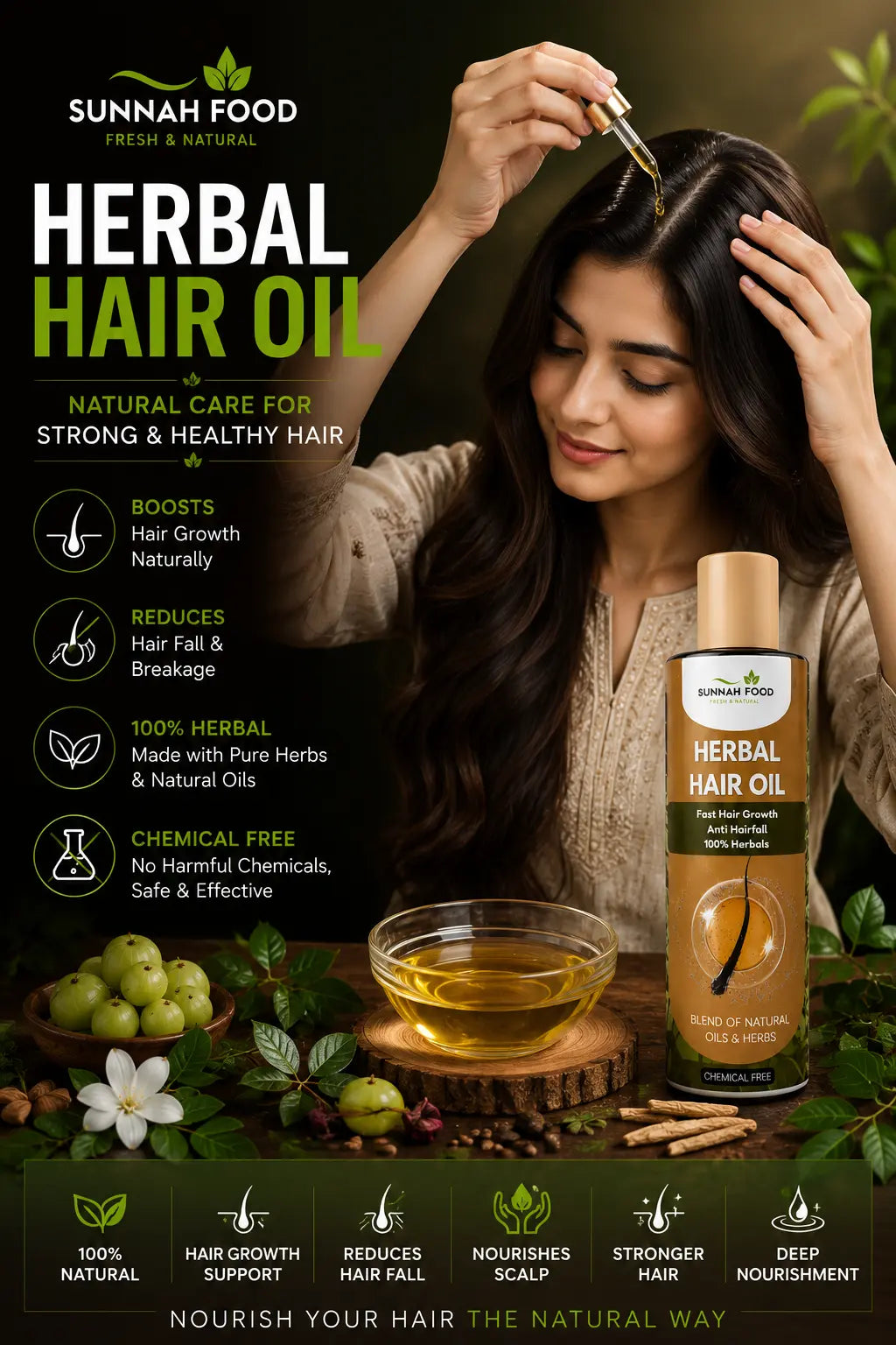 Herbal Hair Oil – 100% Natural Oil for Hair Growth, Hair Fall Control & Dandruff Removal (200ml) Sunnah Food Official