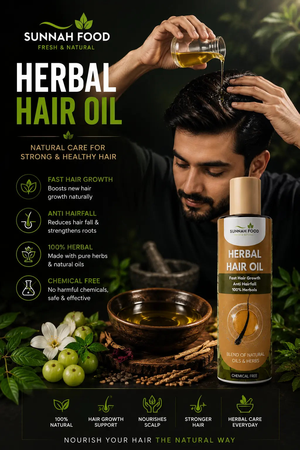 Herbal Hair Oil – 100% Natural Oil for Hair Growth, Hair Fall Control & Dandruff Removal (200ml) Sunnah Food Official