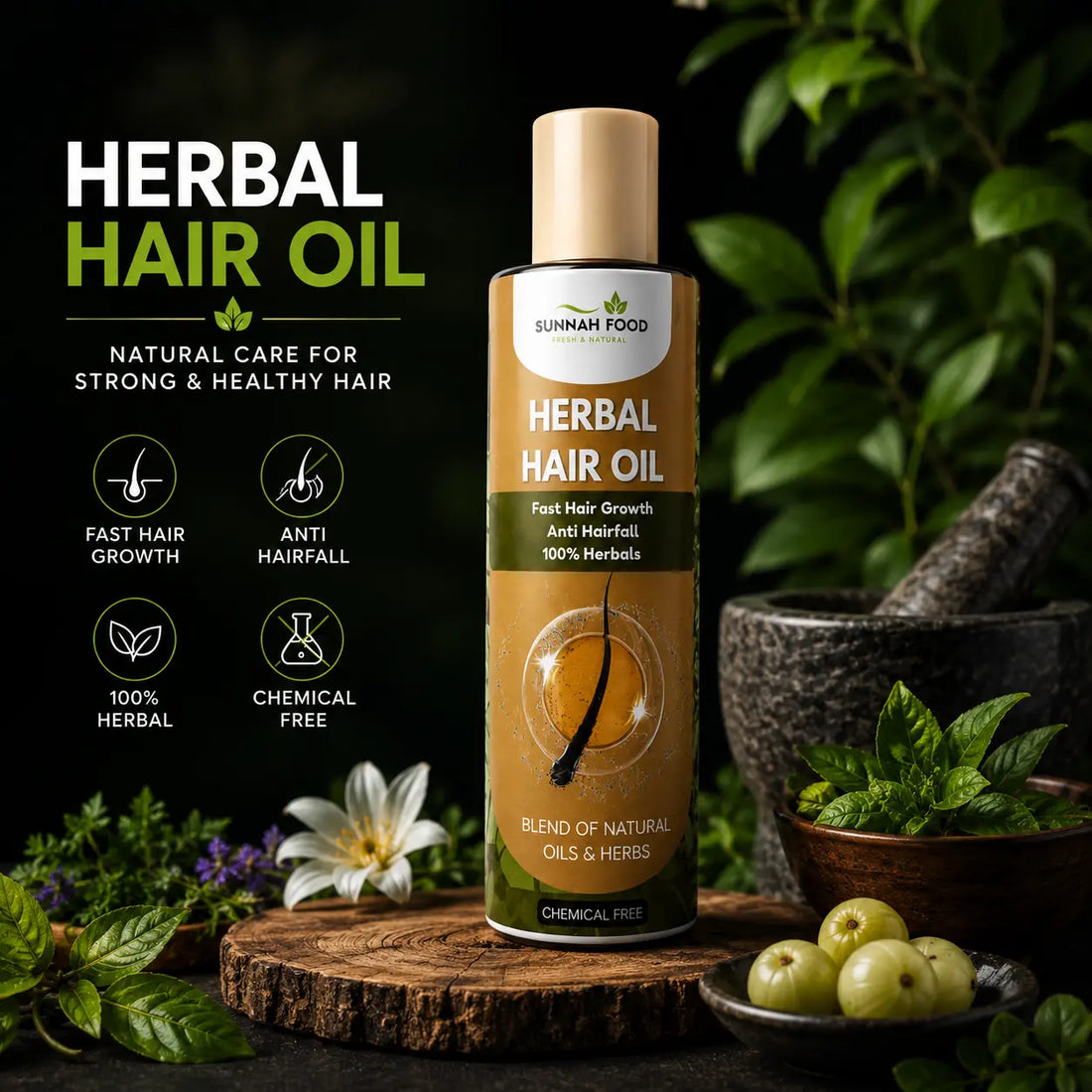 Herbal Hair Oil – 100% Natural Oil for Hair Growth, Hair Fall Control & Dandruff Removal (200ml) Sunnah Food Official