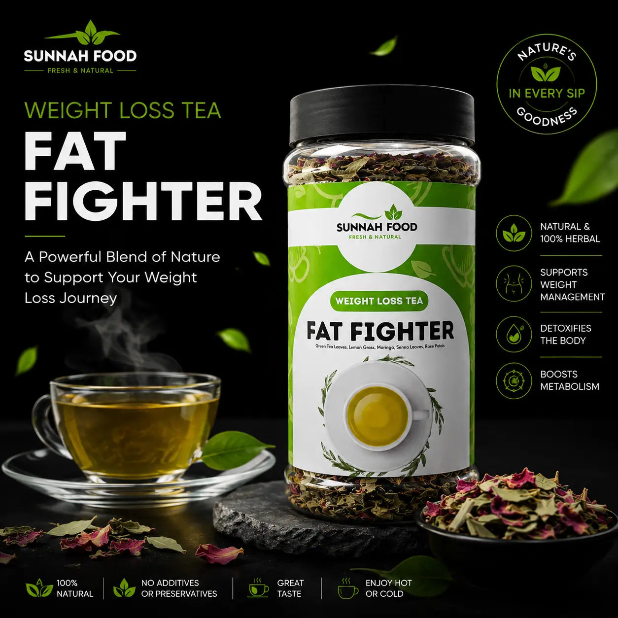 Herbal Slim Tea – 100% Natural Detox & Weight Loss Tea with Green Tea, Ginger & Cinnamon (500g) Sunnah Food Official